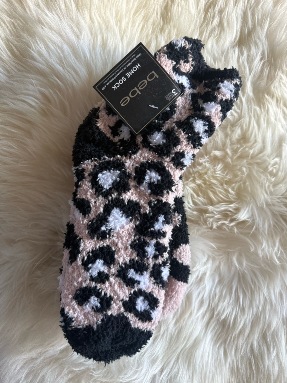 bebe Fuzzy Leopard Ankle Socks in Blush Pink & Black three pack